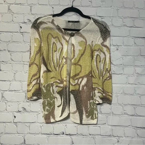 NIC+ZOE Floral Abstract Open Cardigan in Green, Cream, Brown - Picture 1 of 6
